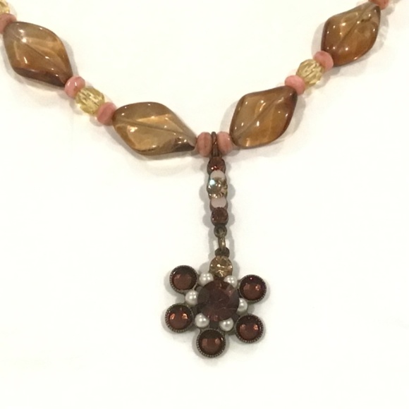 Mary Demarco Flower Pendant Brown Pink & Yellow Glass & Stone Beaded Necklace - Picture 2 of 7